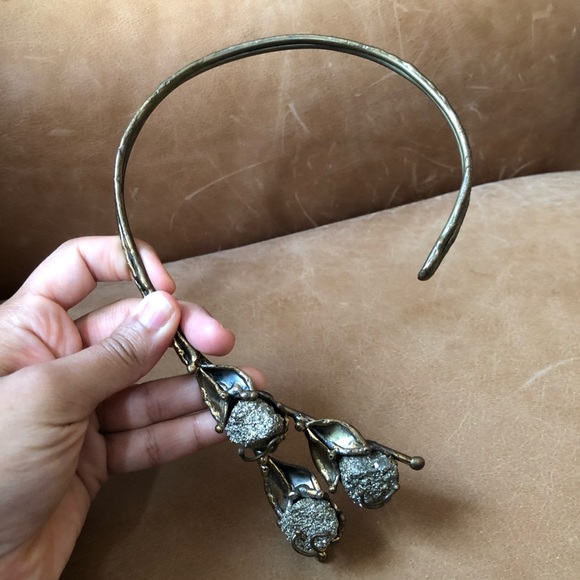 Brutalist pyrite and brass flower necklace vintage silver gold statement - Picture 5 of 13